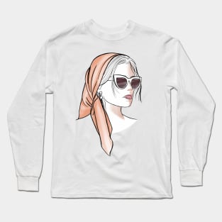 Fashion girl in beige bandana and sunglasses Long Sleeve T-Shirt